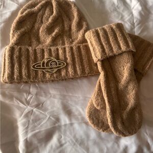 Upcycled Rachel Zoe Tan Knit Beanie and Socks Set with Gold CC Saturn pin